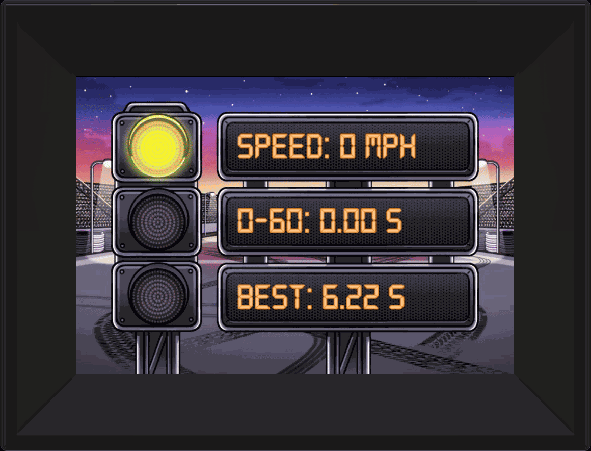 Animated car gauge with speed, 0-60 time, and best time readings from Super Gizmo (BETA), customizable connection display.