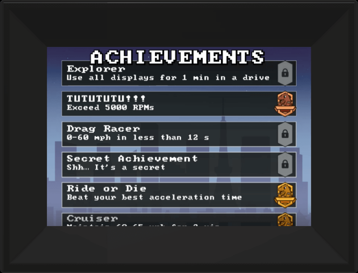 Animated achievements screen with car gauge stats and customizable secret achievement badge.